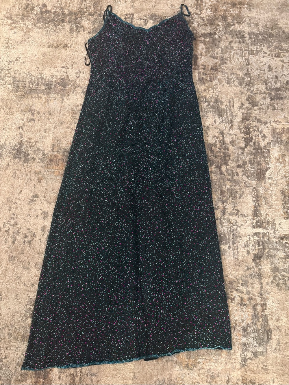Papell Boutique Black Maxi Slip Dress with Pink & Teal Sparkle